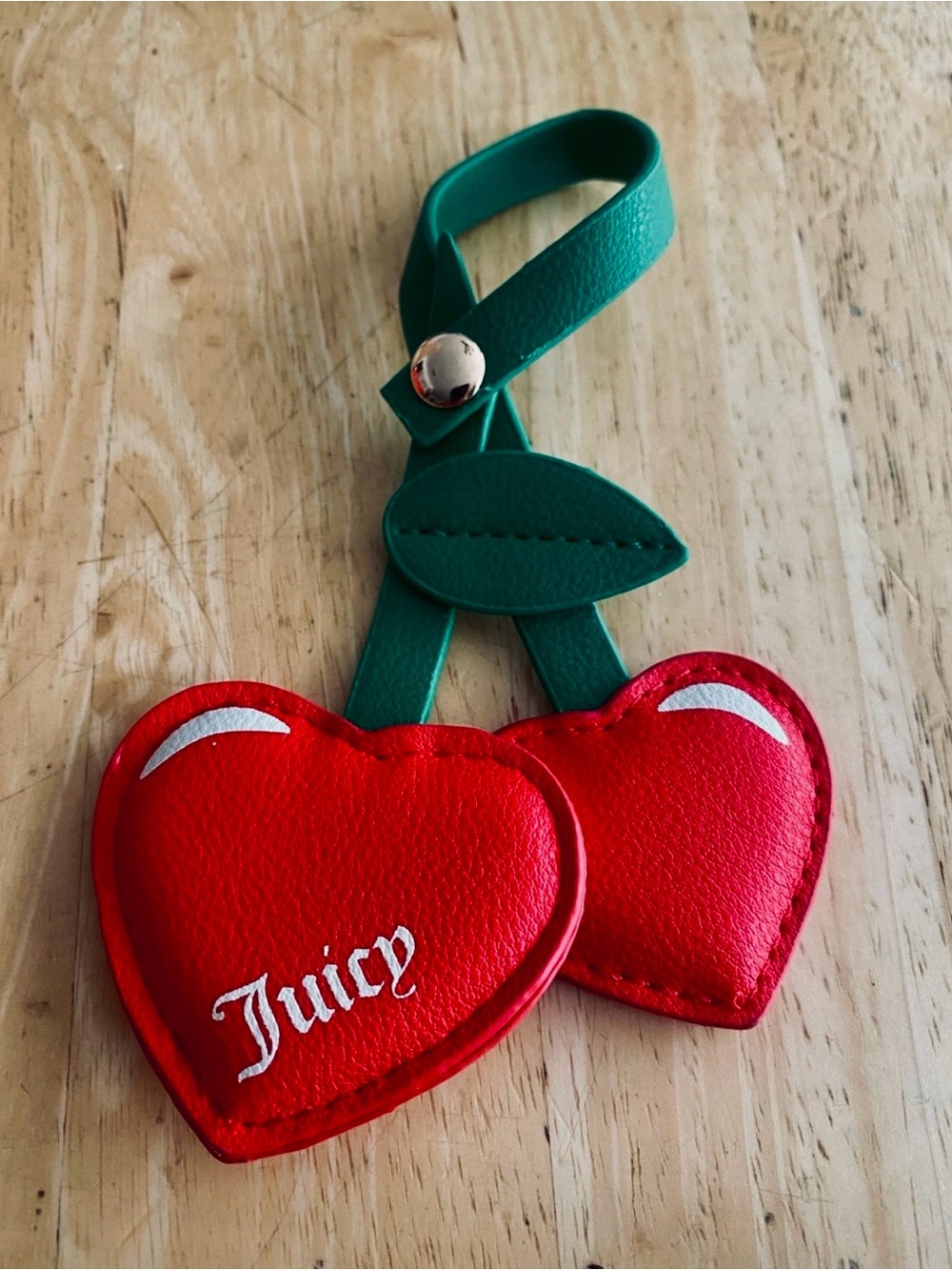 Juicy Couture Red Cherry Heart Bag Charm with Green Strap